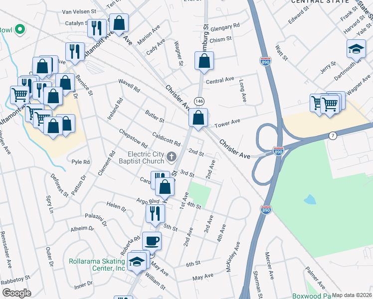 map of restaurants, bars, coffee shops, grocery stores, and more near 202 Chepstow Road in Schenectady