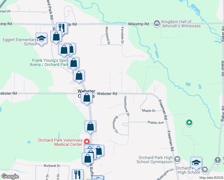 map of restaurants, bars, coffee shops, grocery stores, and more near 6683 Webster Road in Orchard Park