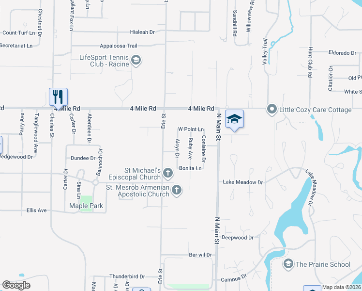 map of restaurants, bars, coffee shops, grocery stores, and more near 4750 Ruby Avenue in Racine