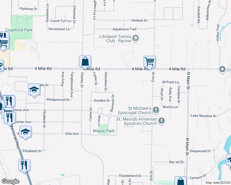 map of restaurants, bars, coffee shops, grocery stores, and more near 4811 Bannoch Drive in Racine