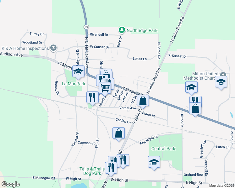 map of restaurants, bars, coffee shops, grocery stores, and more near 116 1st Street in Milton
