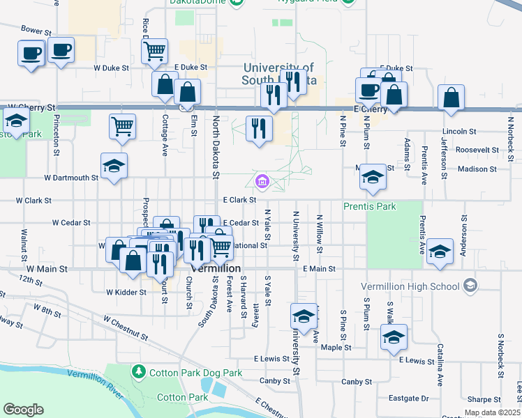 map of restaurants, bars, coffee shops, grocery stores, and more near 205 North Harvard Street in Vermillion