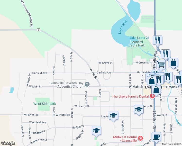 map of restaurants, bars, coffee shops, grocery stores, and more near Garfield Avenue in Evansville