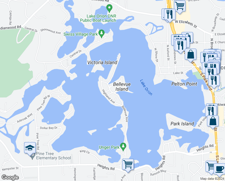 map of restaurants, bars, coffee shops, grocery stores, and more near 75 Bellevue Avenue in Orion charter Township