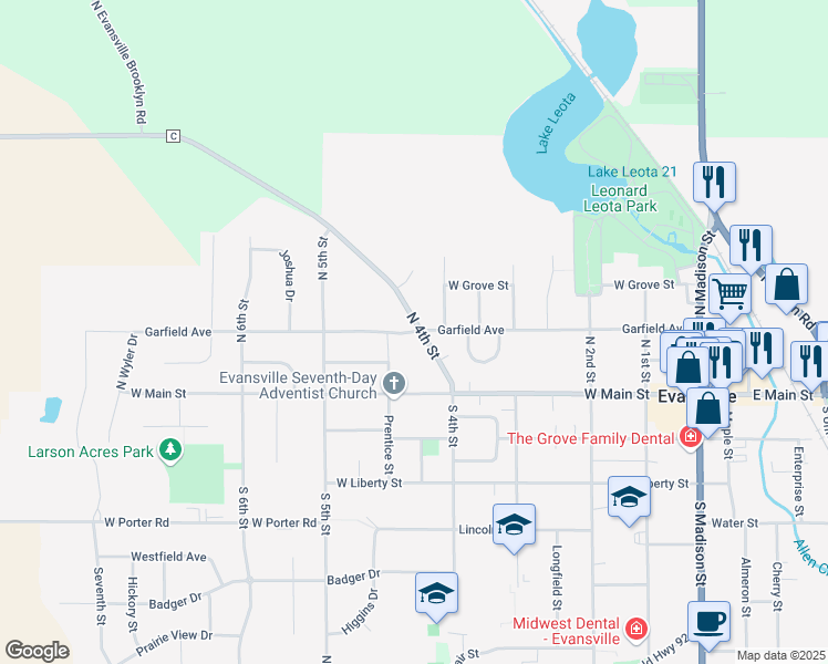 map of restaurants, bars, coffee shops, grocery stores, and more near Garfield Avenue in Evansville