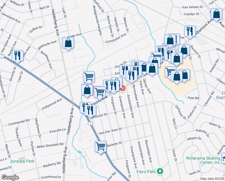 map of restaurants, bars, coffee shops, grocery stores, and more near 1801 Altamont Avenue in Schenectady