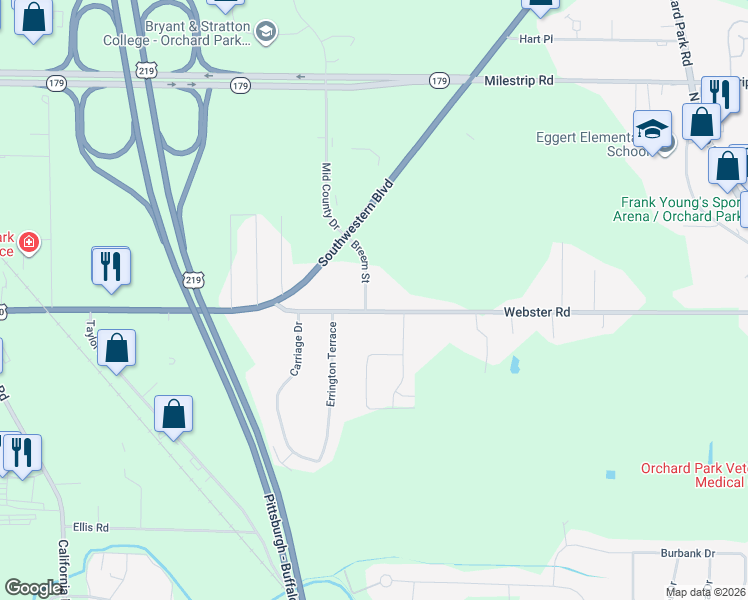map of restaurants, bars, coffee shops, grocery stores, and more near 6003 Webster Road in Orchard Park
