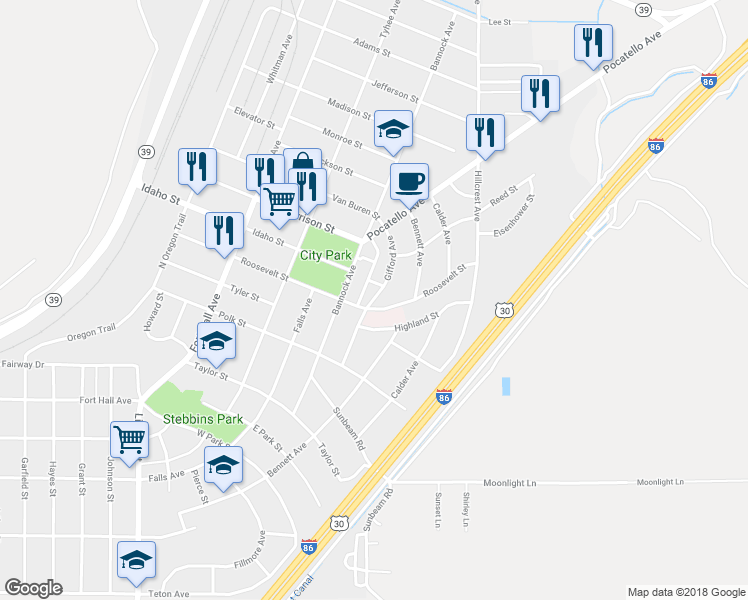 map of restaurants, bars, coffee shops, grocery stores, and more near 552 Gifford Avenue in American Falls
