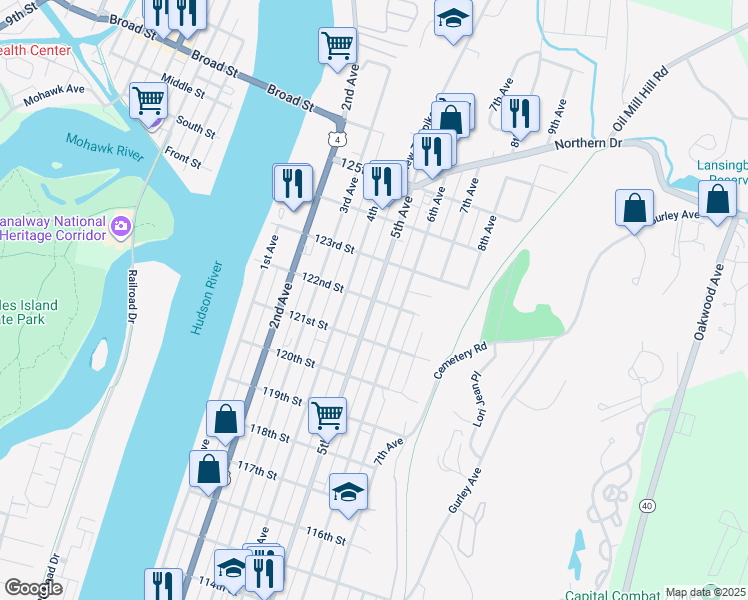 map of restaurants, bars, coffee shops, grocery stores, and more near 5th Avenue & 122nd Street in Troy