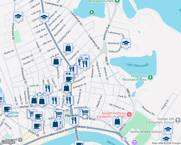 map of restaurants, bars, coffee shops, grocery stores, and more near 37 Ashland Street in Haverhill