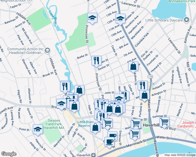 map of restaurants, bars, coffee shops, grocery stores, and more near 7 Stewart Street in Haverhill