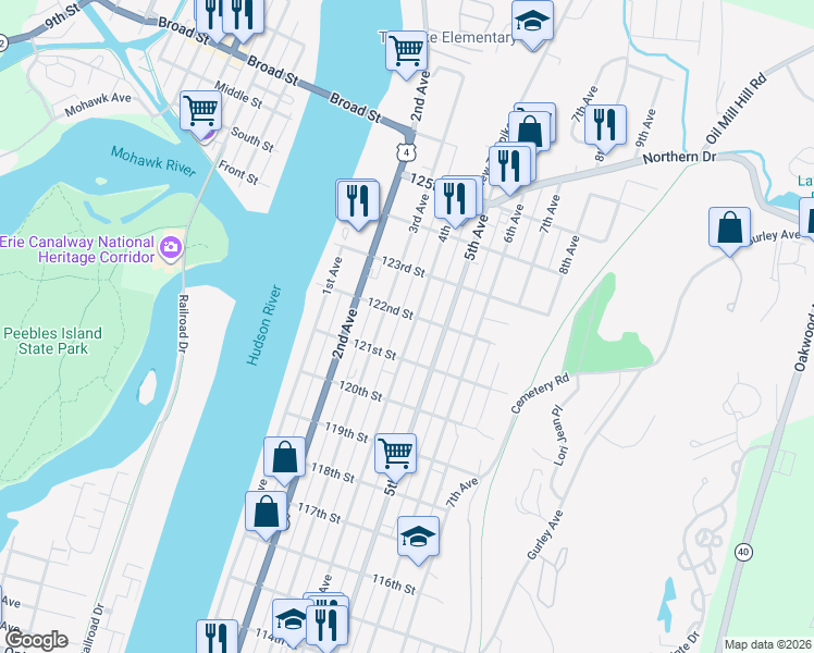 map of restaurants, bars, coffee shops, grocery stores, and more near 774 4th Avenue in Troy