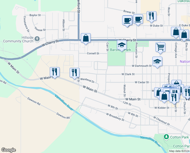 map of restaurants, bars, coffee shops, grocery stores, and more near 1024 Westend Drive in Vermillion