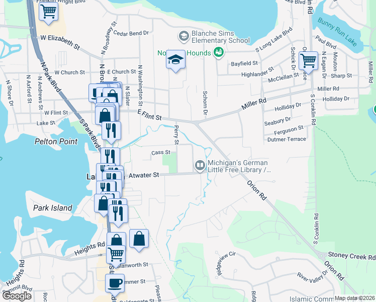map of restaurants, bars, coffee shops, grocery stores, and more near 577 Bagley Street in Orion charter Township