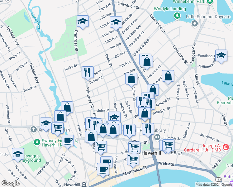 map of restaurants, bars, coffee shops, grocery stores, and more near 17 Union Street in Haverhill