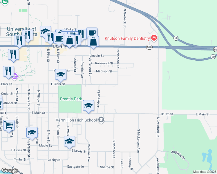 map of restaurants, bars, coffee shops, grocery stores, and more near 1198 Hawthorn Street in Vermillion