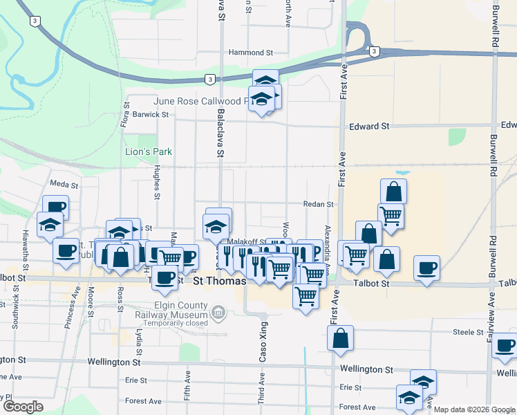map of restaurants, bars, coffee shops, grocery stores, and more near 84 Redan Street in St. Thomas