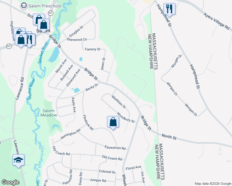 map of restaurants, bars, coffee shops, grocery stores, and more near 41 Matthias Street in Salem