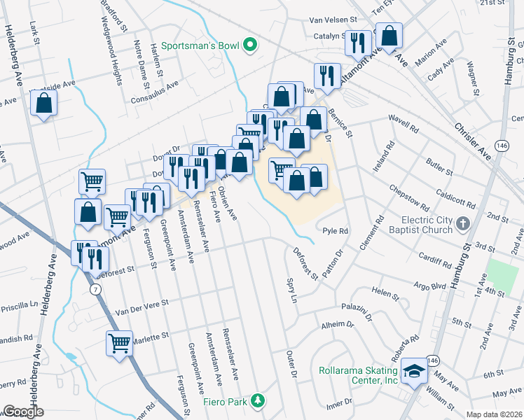 map of restaurants, bars, coffee shops, grocery stores, and more near 1122 Cushing Lane in Schenectady