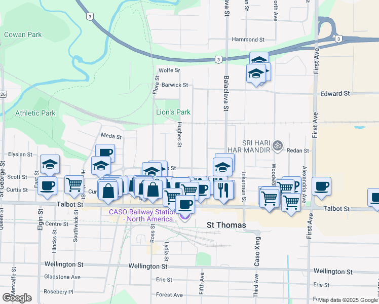 map of restaurants, bars, coffee shops, grocery stores, and more near 78 Manitoba Street in St. Thomas