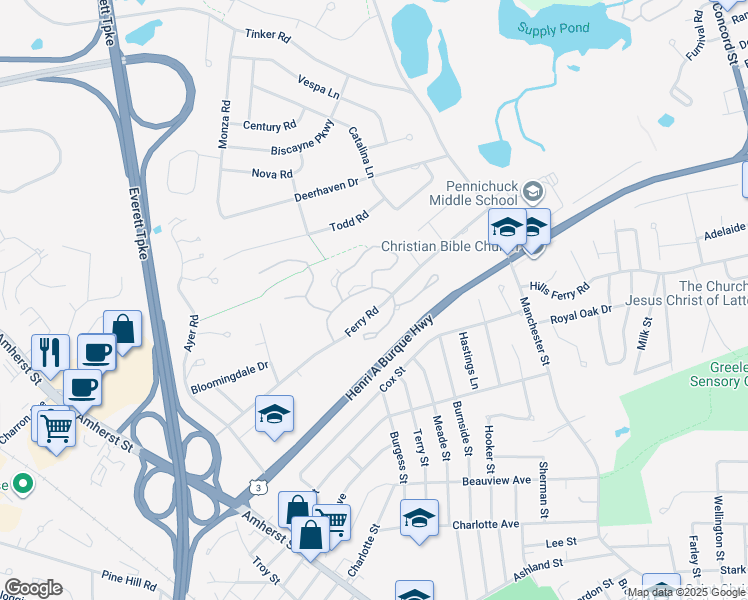 map of restaurants, bars, coffee shops, grocery stores, and more near 54 Prestonfield Road in Nashua