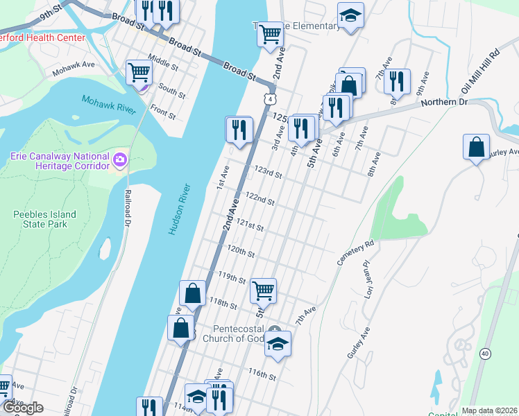 map of restaurants, bars, coffee shops, grocery stores, and more near 793 3rd Avenue in Troy