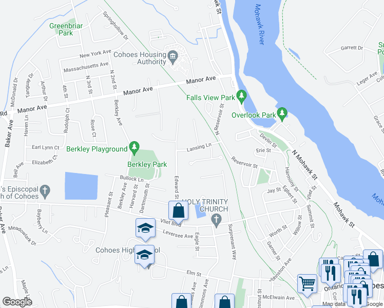 map of restaurants, bars, coffee shops, grocery stores, and more near 16 Lansing Lane in Cohoes