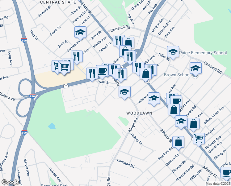 map of restaurants, bars, coffee shops, grocery stores, and more near 2522 Watt Street in Schenectady