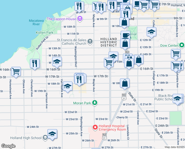 map of restaurants, bars, coffee shops, grocery stores, and more near 167 West 16th Street in Holland