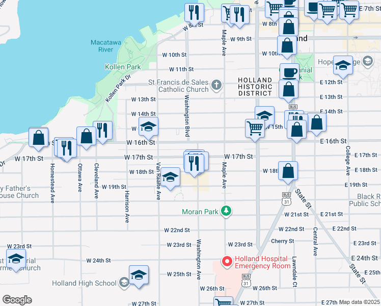 map of restaurants, bars, coffee shops, grocery stores, and more near 234 West 16th Street in Holland