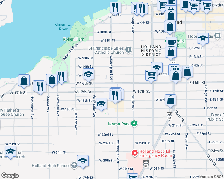 map of restaurants, bars, coffee shops, grocery stores, and more near 234 West 16th Street in Holland