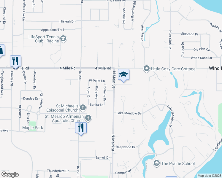 map of restaurants, bars, coffee shops, grocery stores, and more near 340 Jonsue Lane in Wind Point