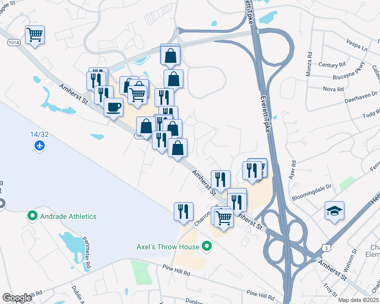 map of restaurants, bars, coffee shops, grocery stores, and more near 120 Cannongate III Road in Nashua