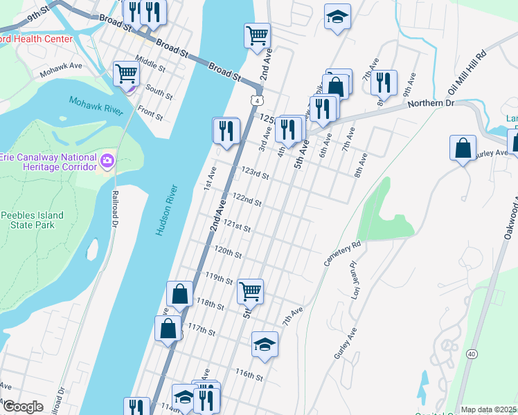 map of restaurants, bars, coffee shops, grocery stores, and more near 801 4th Avenue in Troy