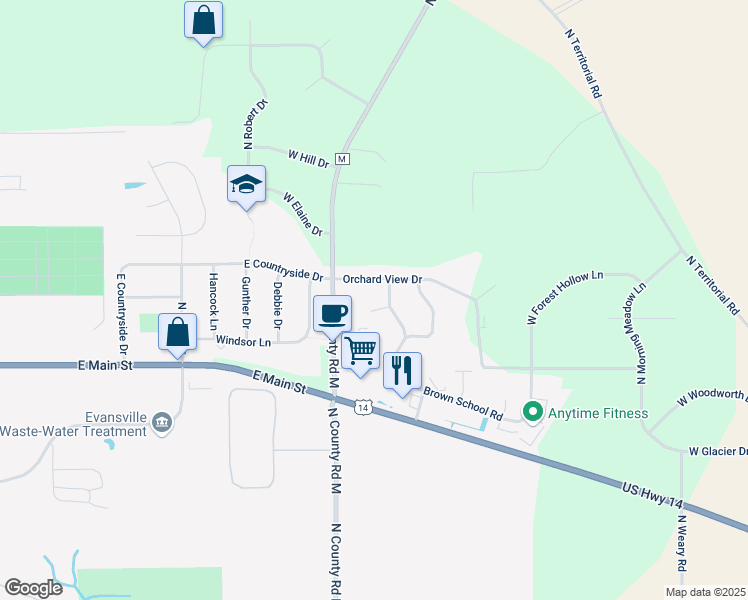 map of restaurants, bars, coffee shops, grocery stores, and more near 717 Orchard View Drive in Evansville