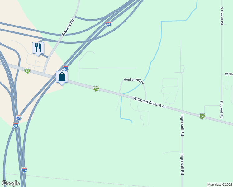 map of restaurants, bars, coffee shops, grocery stores, and more near 6750 West Grand River Avenue in Lansing