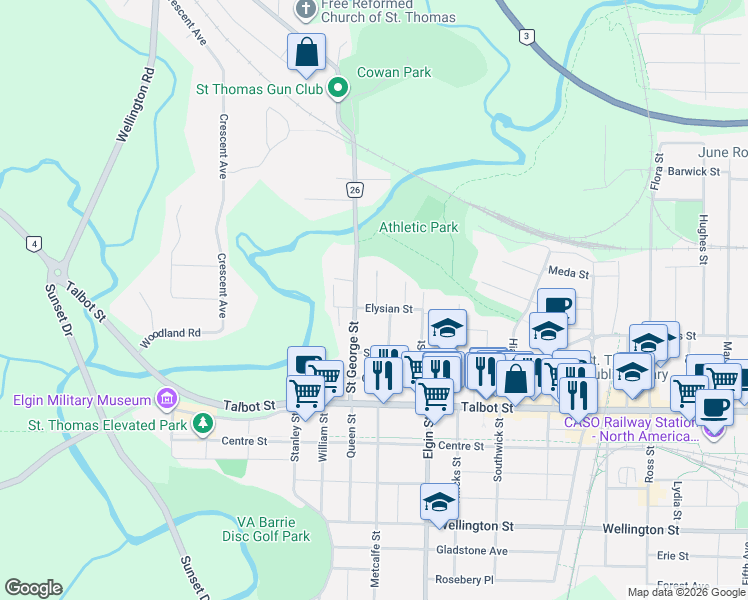 map of restaurants, bars, coffee shops, grocery stores, and more near 2 Pearl Street West in Saint Thomas