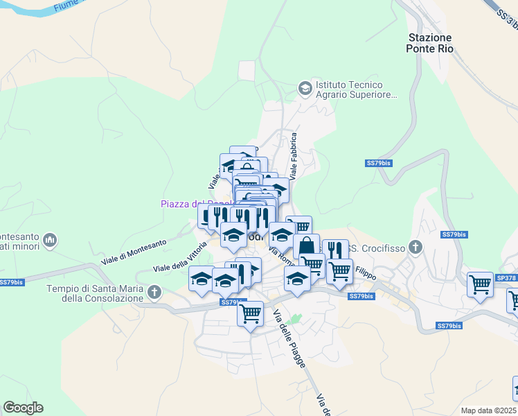 map of restaurants, bars, coffee shops, grocery stores, and more near Via San Bonaventura in Todi