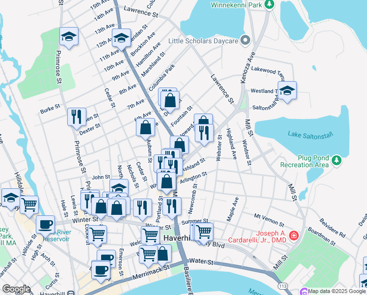 map of restaurants, bars, coffee shops, grocery stores, and more near 5 Lincoln Street in Haverhill