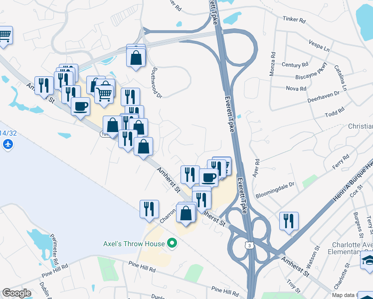 map of restaurants, bars, coffee shops, grocery stores, and more near 85 Cannongate III Road in Nashua