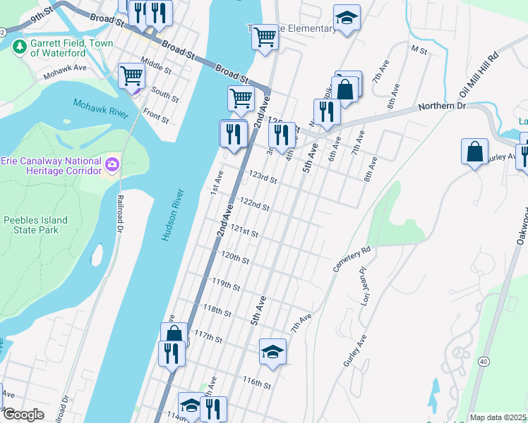 map of restaurants, bars, coffee shops, grocery stores, and more near 801 4th Avenue in Troy