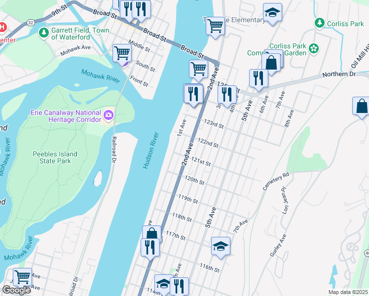 map of restaurants, bars, coffee shops, grocery stores, and more near 6 122nd Street in Troy
