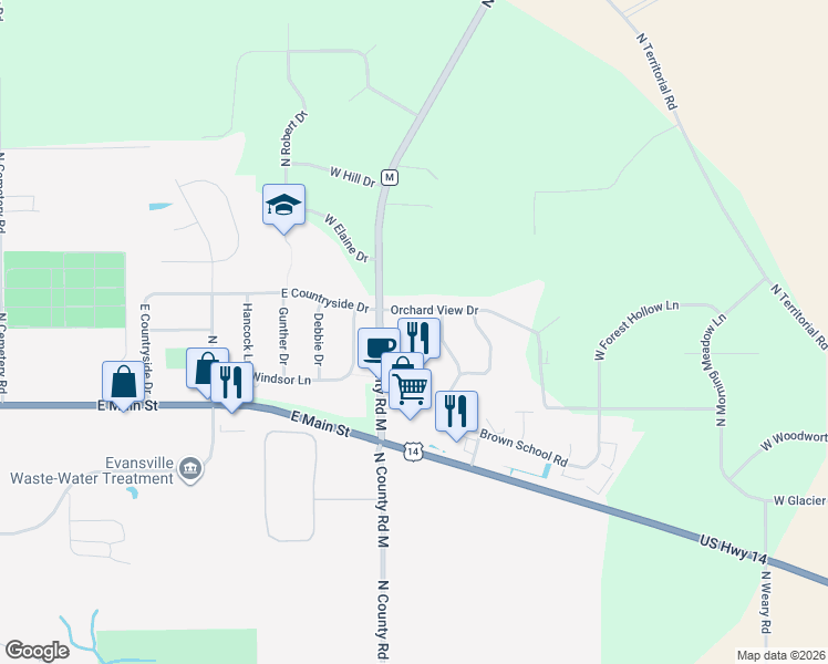 map of restaurants, bars, coffee shops, grocery stores, and more near 717 Orchard View Drive in Evansville