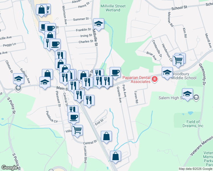 map of restaurants, bars, coffee shops, grocery stores, and more near 155 Main Street in Salem
