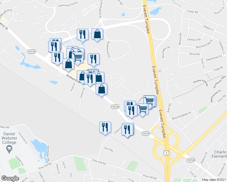map of restaurants, bars, coffee shops, grocery stores, and more near 10 Cannongate Road in Nashua