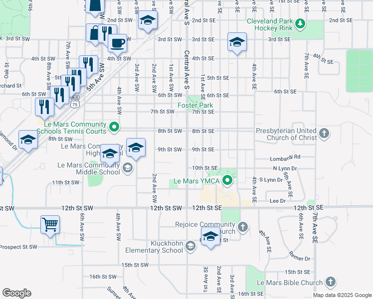 map of restaurants, bars, coffee shops, grocery stores, and more near 1 9th Street Southwest in Le Mars