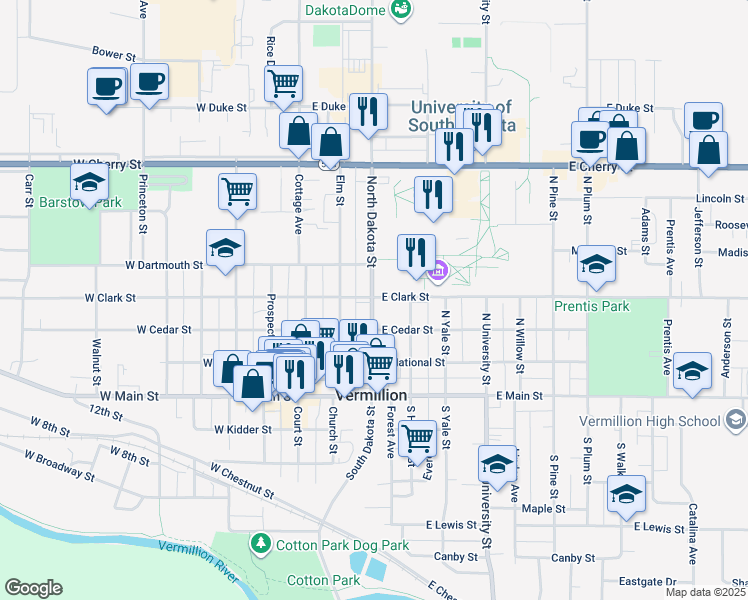 map of restaurants, bars, coffee shops, grocery stores, and more near 414 East Clark Street in Vermillion