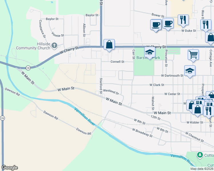 map of restaurants, bars, coffee shops, grocery stores, and more near 1115 West Clark Street in Vermillion