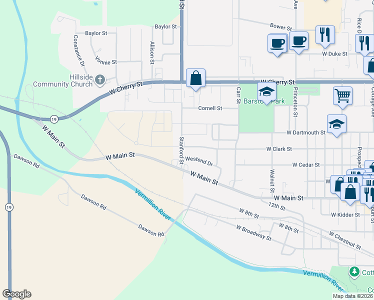 map of restaurants, bars, coffee shops, grocery stores, and more near 1115 West Clark Street in Vermillion