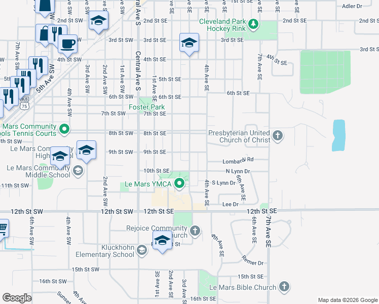map of restaurants, bars, coffee shops, grocery stores, and more near 898 3rd Ave SE in Le Mars
